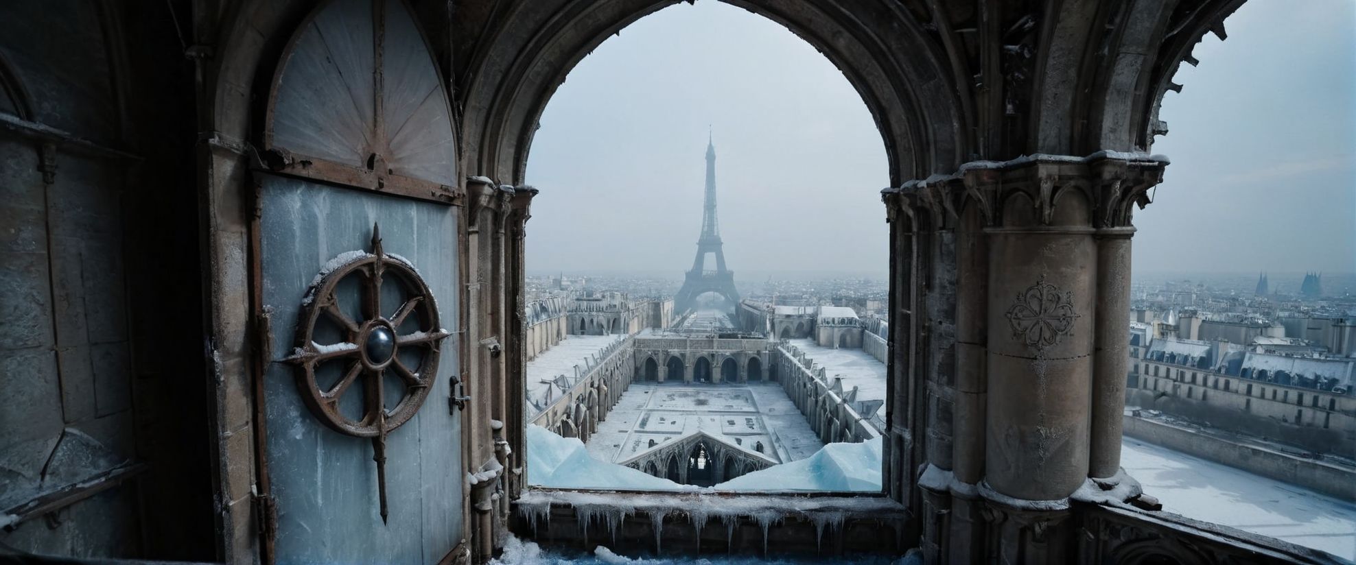 08967-1301985598-cinematic view from the rooftops, door's entry of Notre-Dame of Paris, rosace, iced walls, iced landscape of a (frozen post apoc.jpg